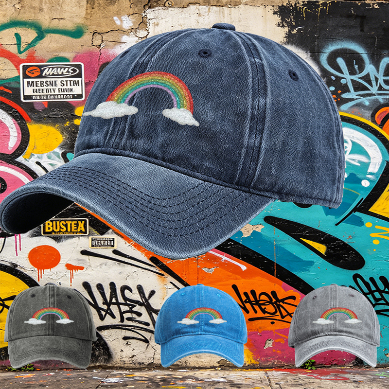 Unisex Classic Washed Cap with Glitter Rainbow and Cloud Print - Perfect for Casual Outings, Festivals, and Everyday Wear - Ideal for Youth and Adults Seeking Fun, Trendy Headwear