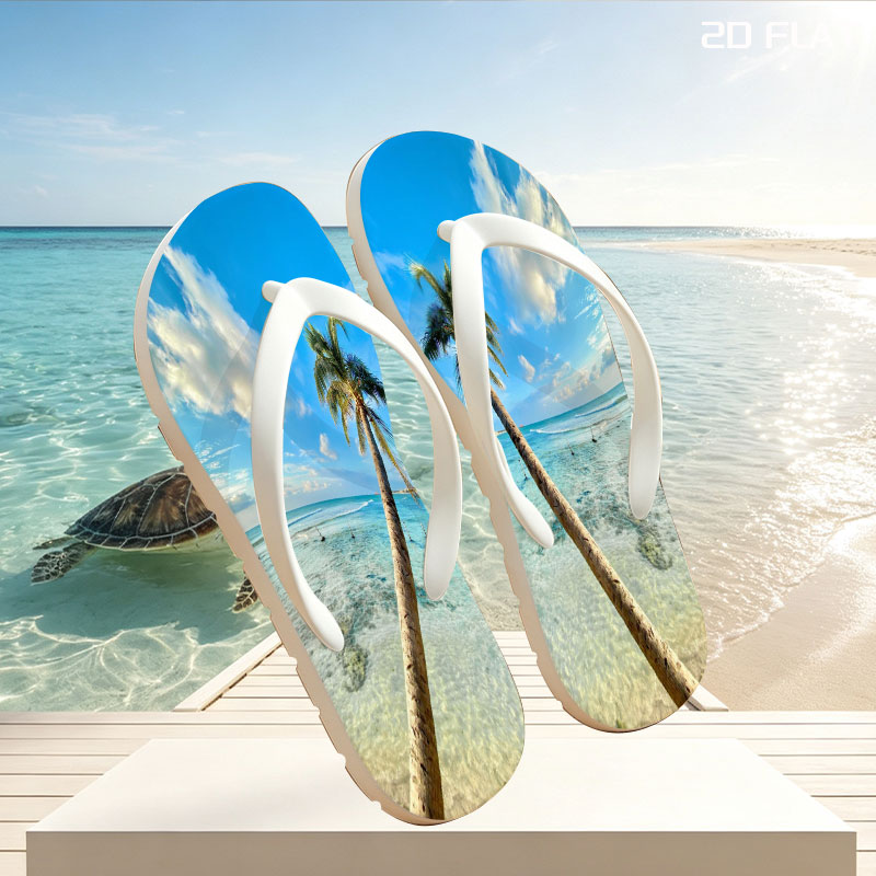 Tropical beach with palm tree leaning over clear blue water under a bright sky. -  flip-flops