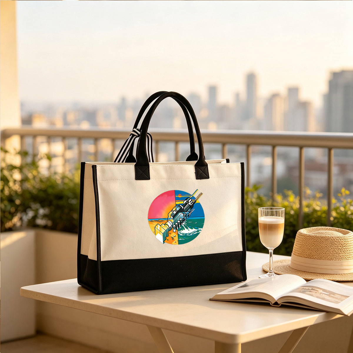 Mechanical Gun in Desert and Ocean Landscape - Canvas patchwork gift tote bag