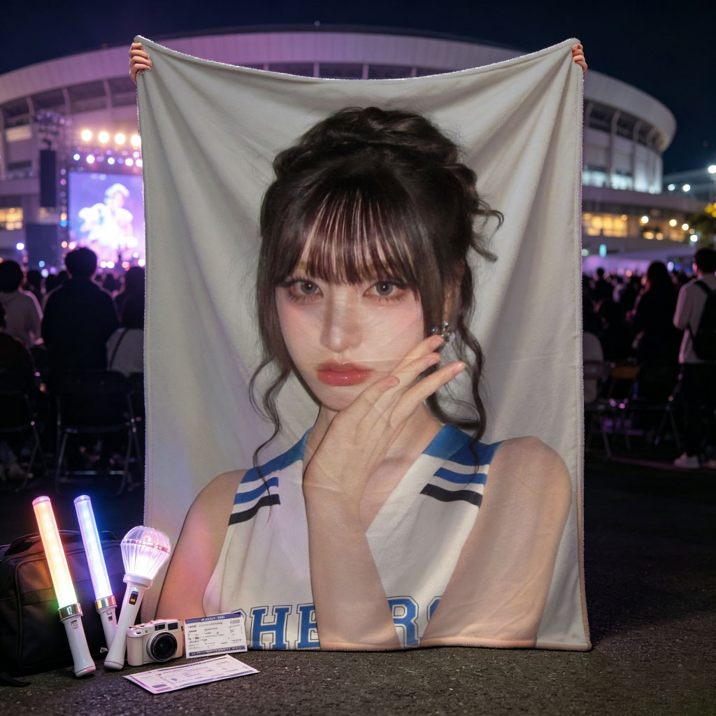 K-pop Idol in Cheerleader Outfit Poses with Hand on Face Against Gray Background - Blankets
