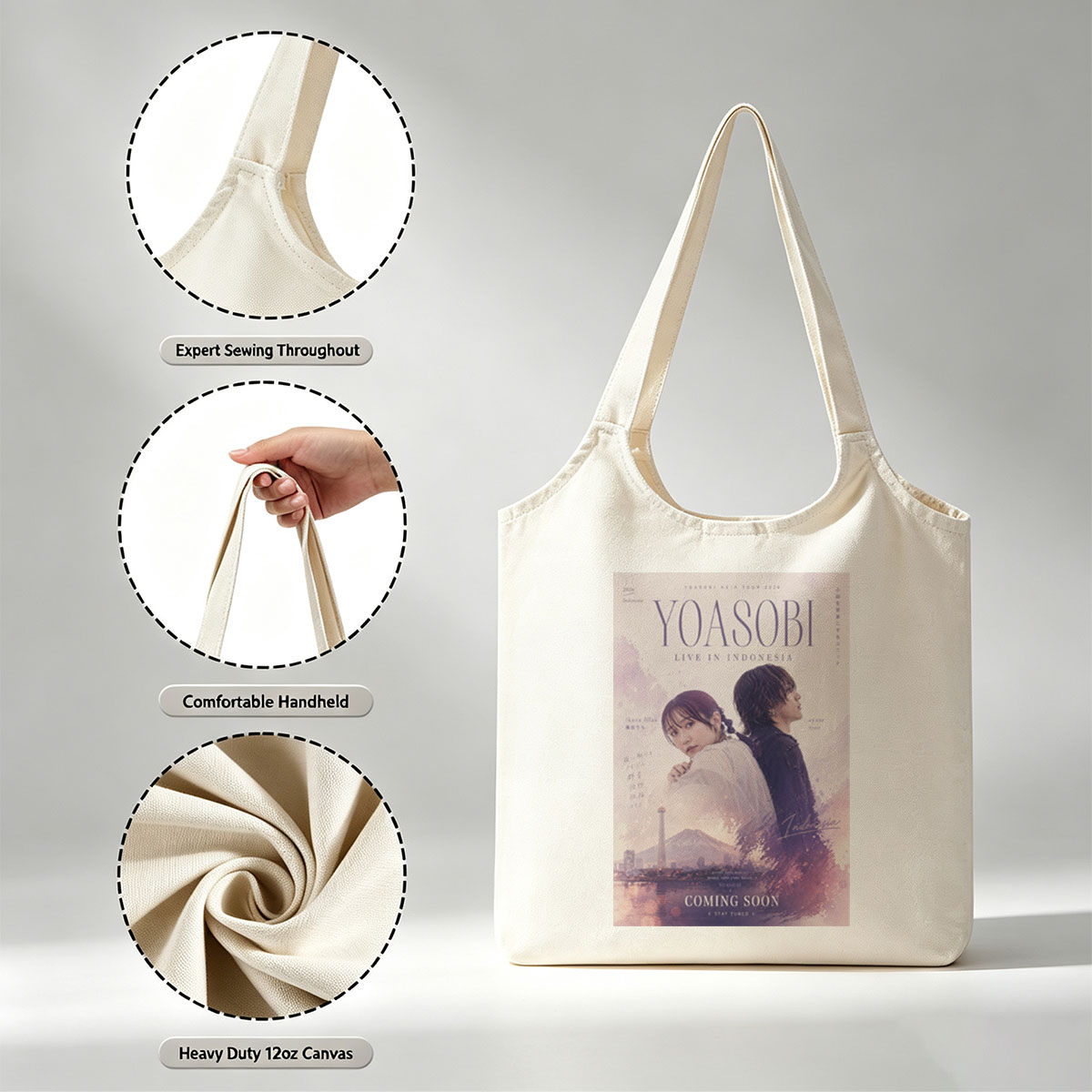 YOASOBI Live in Indonesia Concert Poster Featuring Ikuta Lilas and Ayase with Mount Fuji and Cityscape Background - Canvas shoulder bags/