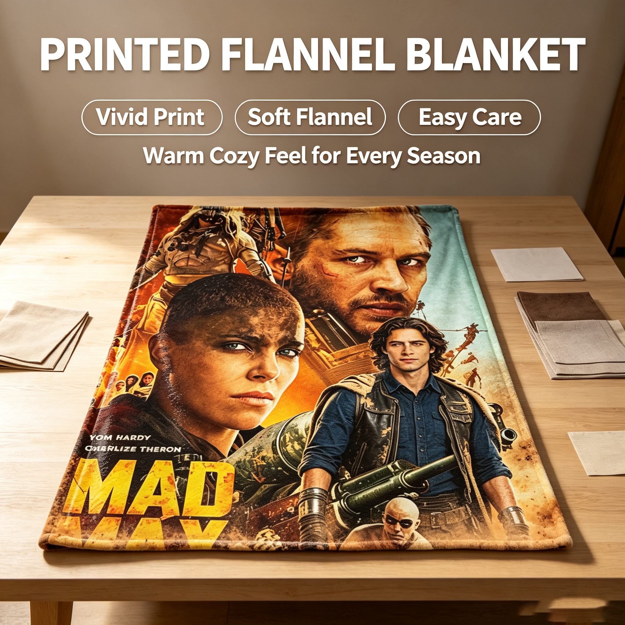 Custom Face Blanket Mad Max Fury Road Flannel Blanket Movie Character Design Perfect for Couch, Bed, or Travel Ideal Gift for Fans and Collectors