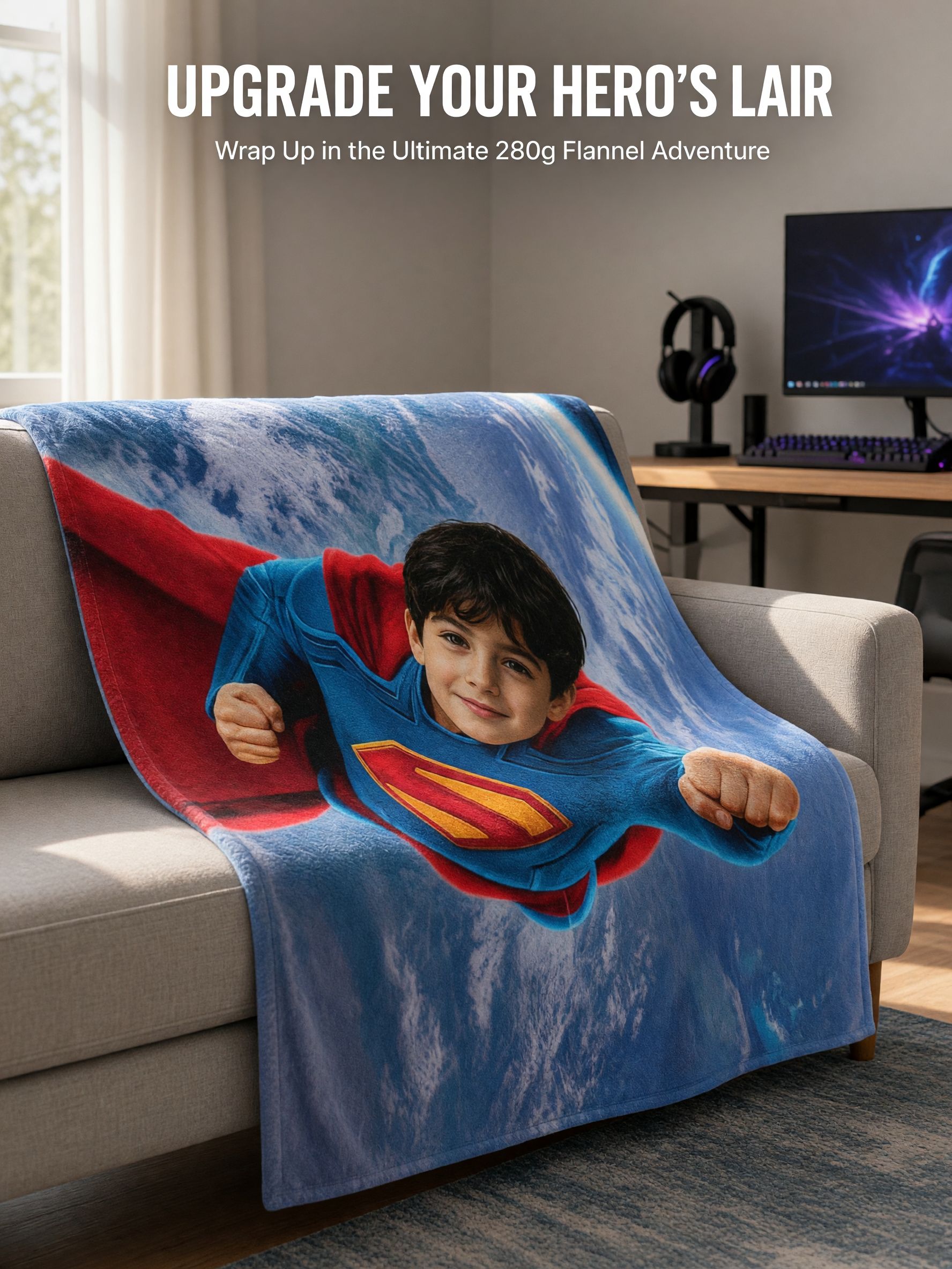 Custom Superhero Face Photo Blanket, Ultra Soft Flannel Fleece Throw, Ideal Personalized Gift for Kids and Family