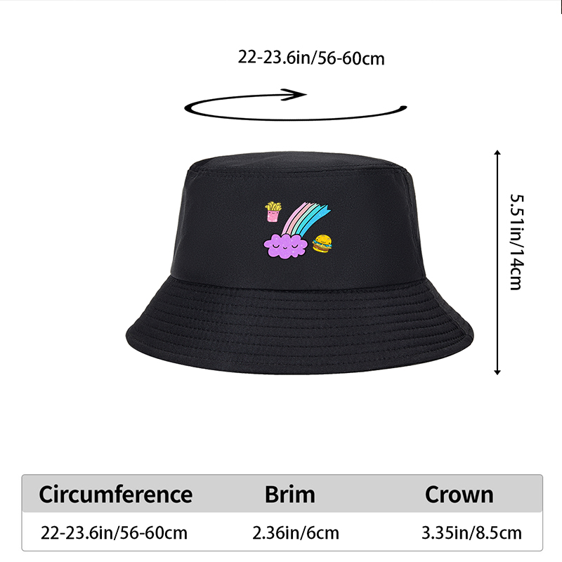 Unisex Bucket Hat with Cute Food Rainbow Print - Kawaii Fast Food Design, Sparkly Cloud and Burger Pattern - Classic Adjustable Sun Hat for Outdoor Activities, Beach, Travel, and Casual Wear - Perfect for Teens, Youth, and Trendy Adults