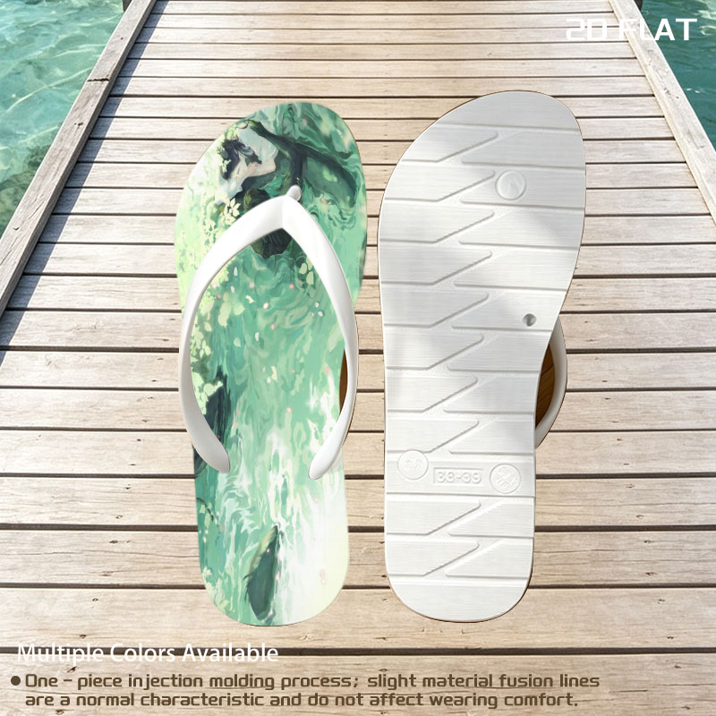 A woman floats gracefully in emerald waters, surrounded by blooming flowers and gentle ripples. -  flip-flops