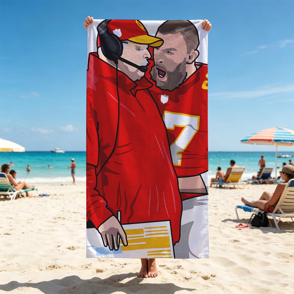Andy Reid and Patrick Mahomes in Kansas City Chiefs Uniforms - Beach towels