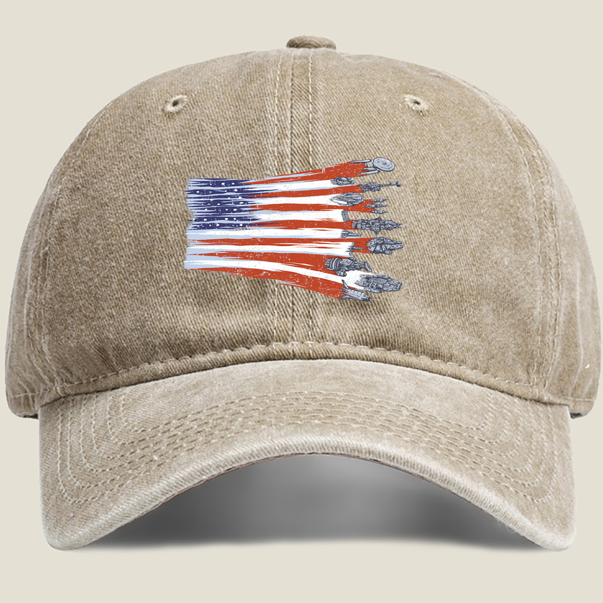 Star Trek and Star Wars Spaceships with American Flag Design - Washed Denim - Baseball Cap