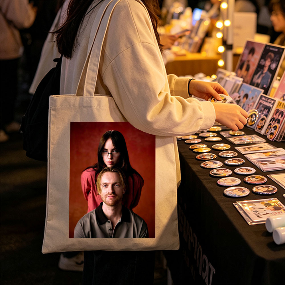 The Postal Service - Portrait of Ben Gibbard and Jenny Lewis Against a Warm Red Background - Canvas tote bags