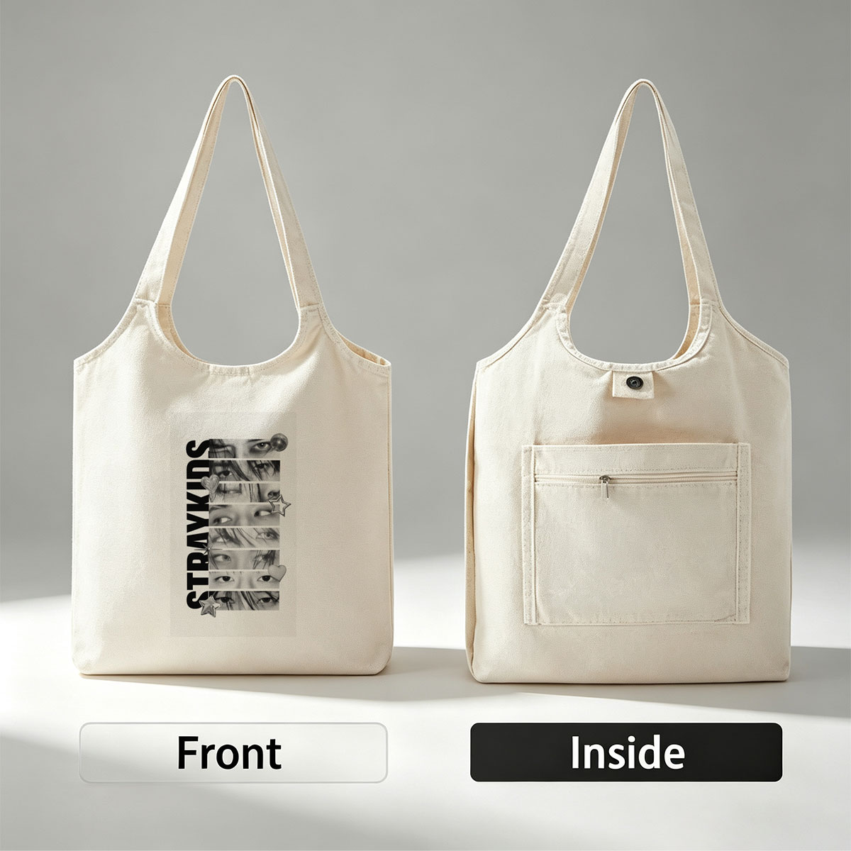 Stray Kids Close-Up Eyes Black and White Collage with Stars and Hearts - Canvas shoulder bags/