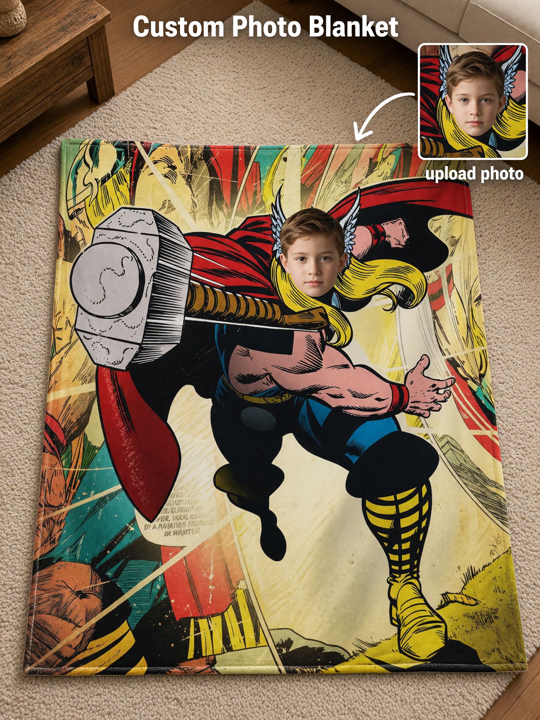 Custom Photo Comic Superhero Flannel Blanket, Personalized Face Throw Blanket, Skin-Friendly Anti-Pilling Cozy Bed