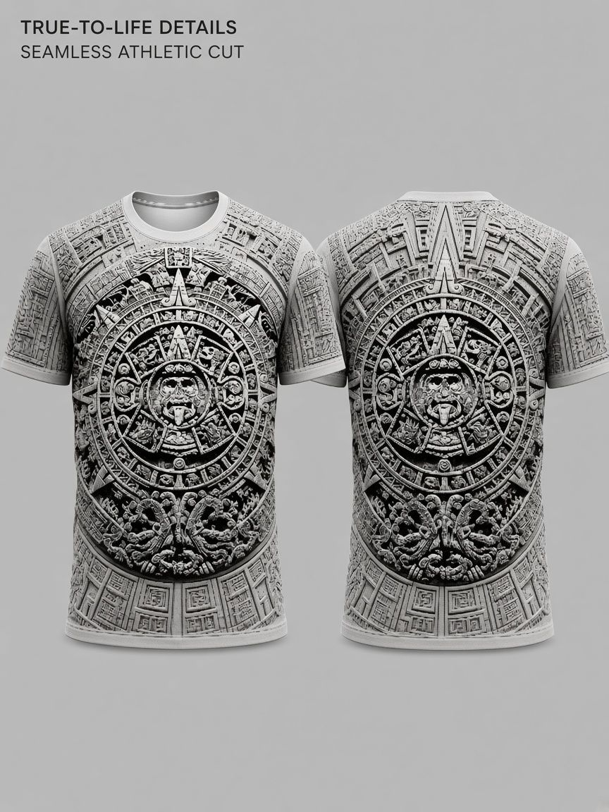 Aztec Sun Stone Carving 3D Optical Illusion Graphic Tee Breathable Athletic Mesh T Shirt for Casual and Sports Wear