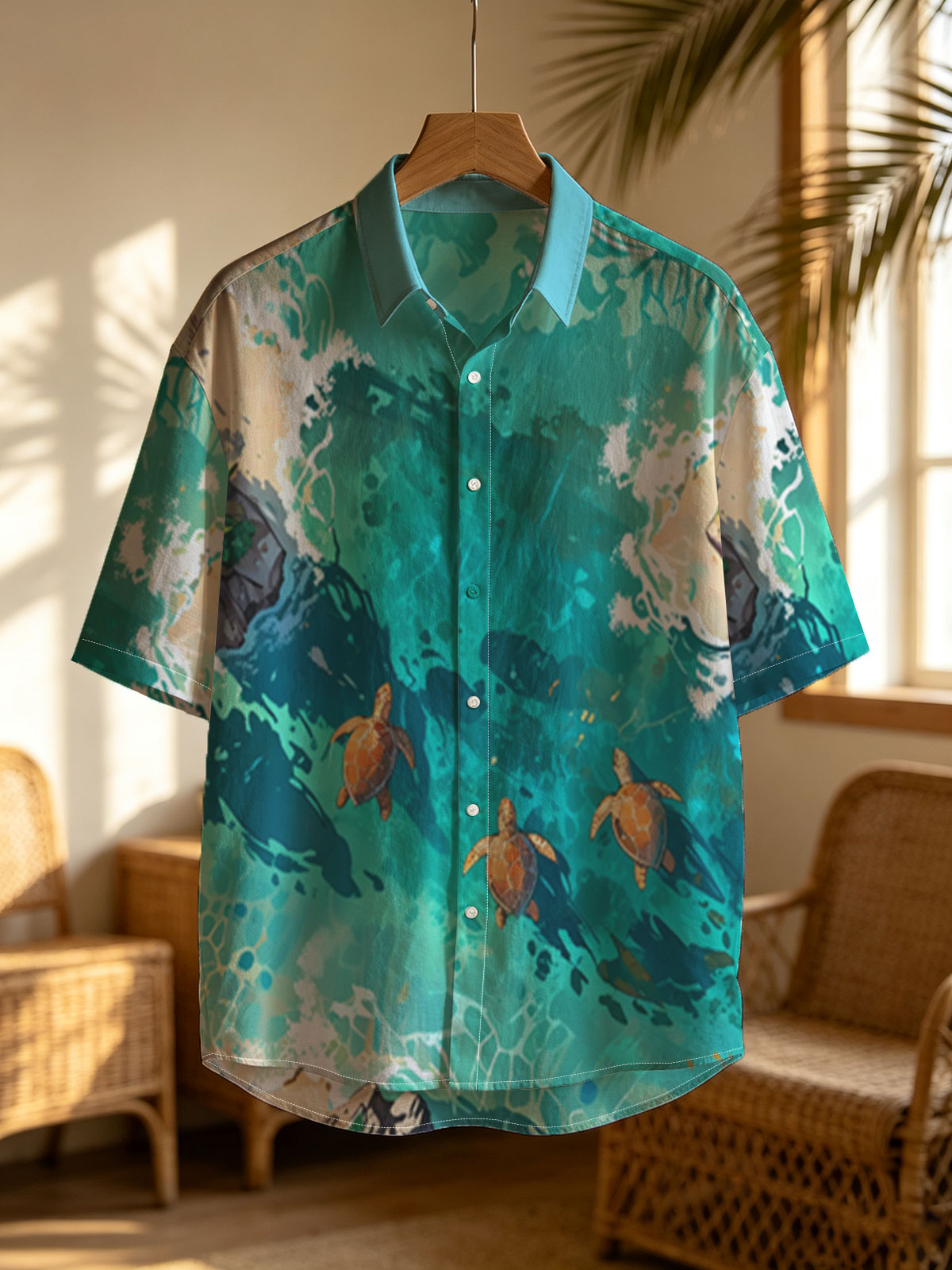 Turtles swimming in crystal-clear tropical waters near sandy shores and palm trees. -  Shirt