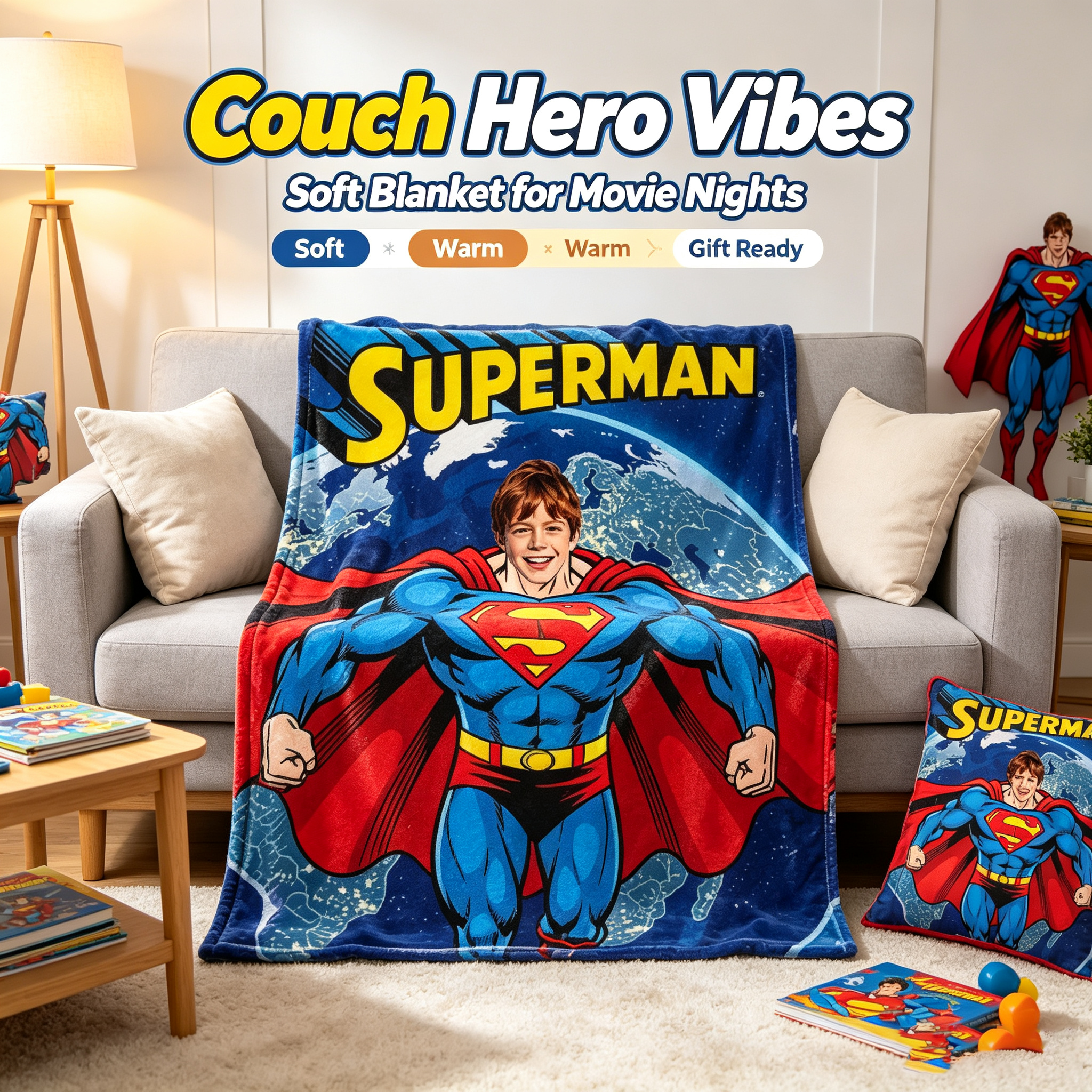 Personalized Superman Flannel Blanket, Custom Photo Superhero Throw Blanket For Kids Birthday Gift