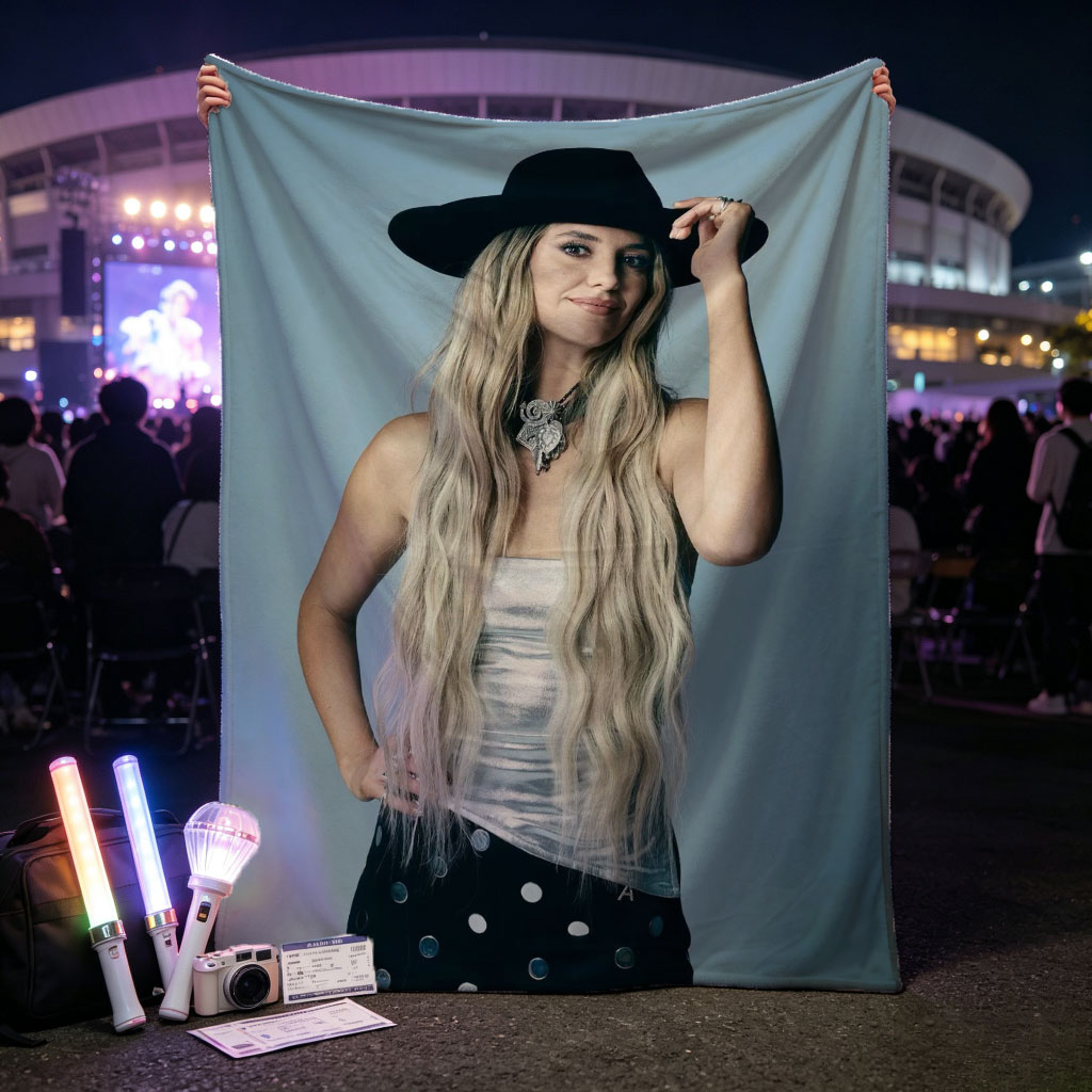 Shania Twain in a Stylish Pose Wearing a Black Hat and Polka Dot Pants - Blankets