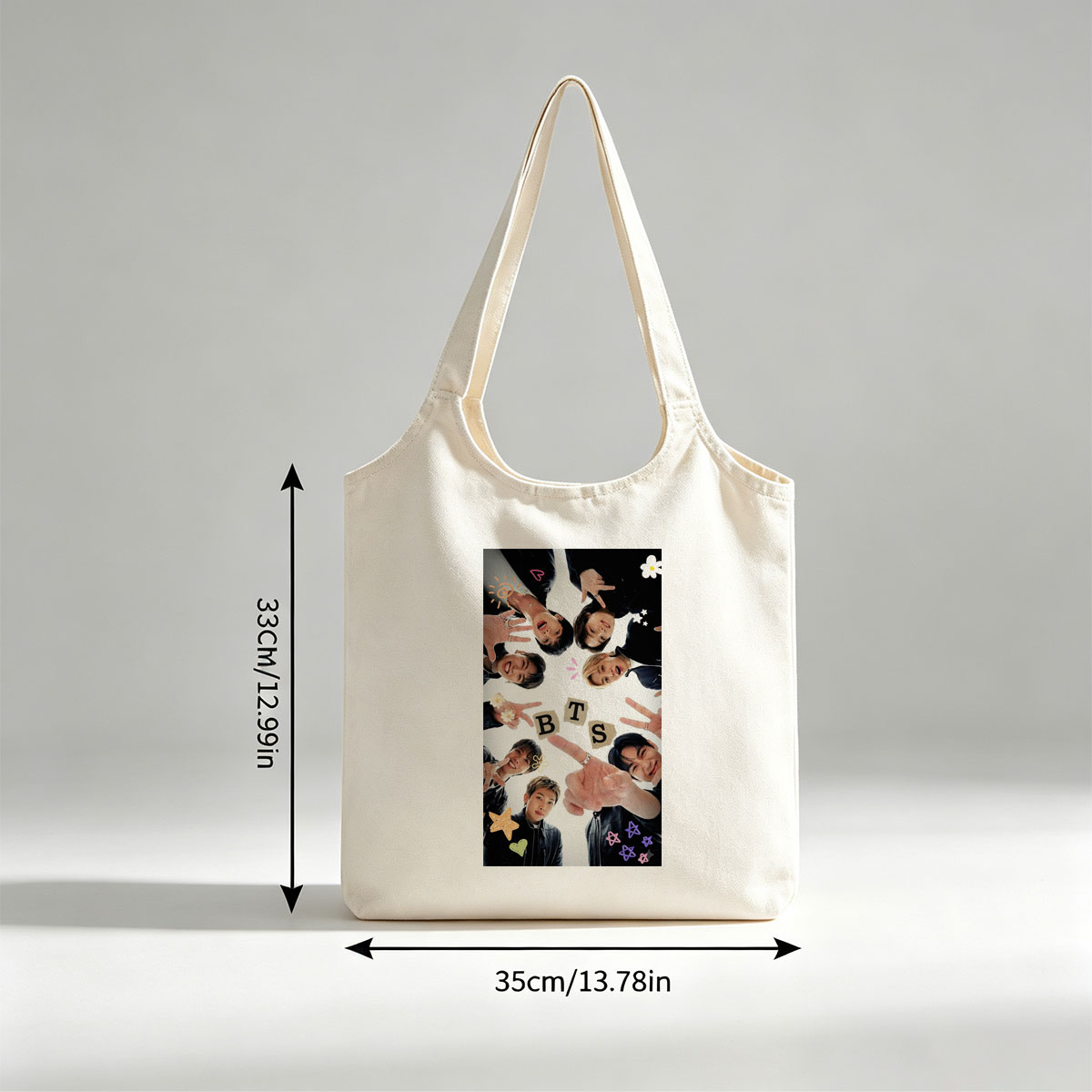 BTS Members in a Circle Forming BTS Letters with Hands and Expressive Poses - Canvas shoulder bags/