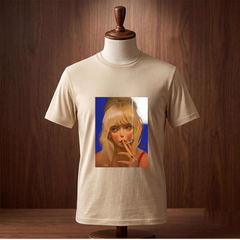 Blonde Woman Smoking Cigarette with Red Earrings and Ring - Tee
