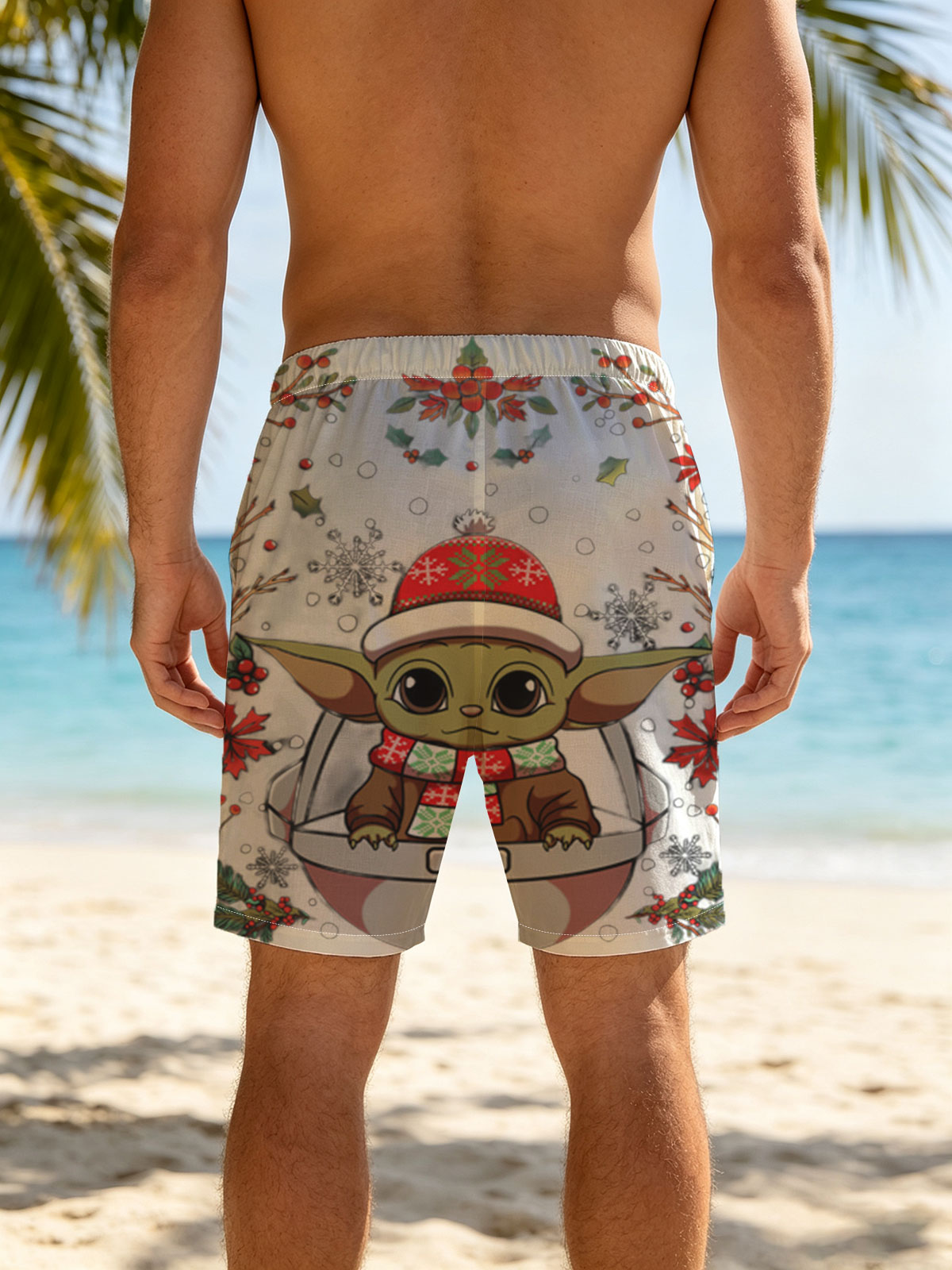 Baby Yoda in Christmas Hat and Scarf, Surrounded by Holiday Decorations -  Beach shorts