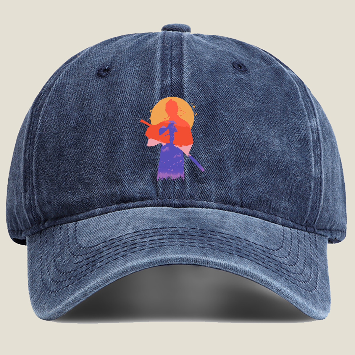 Samurai Silhouette at Sunset - Washed Denim - Baseball Cap