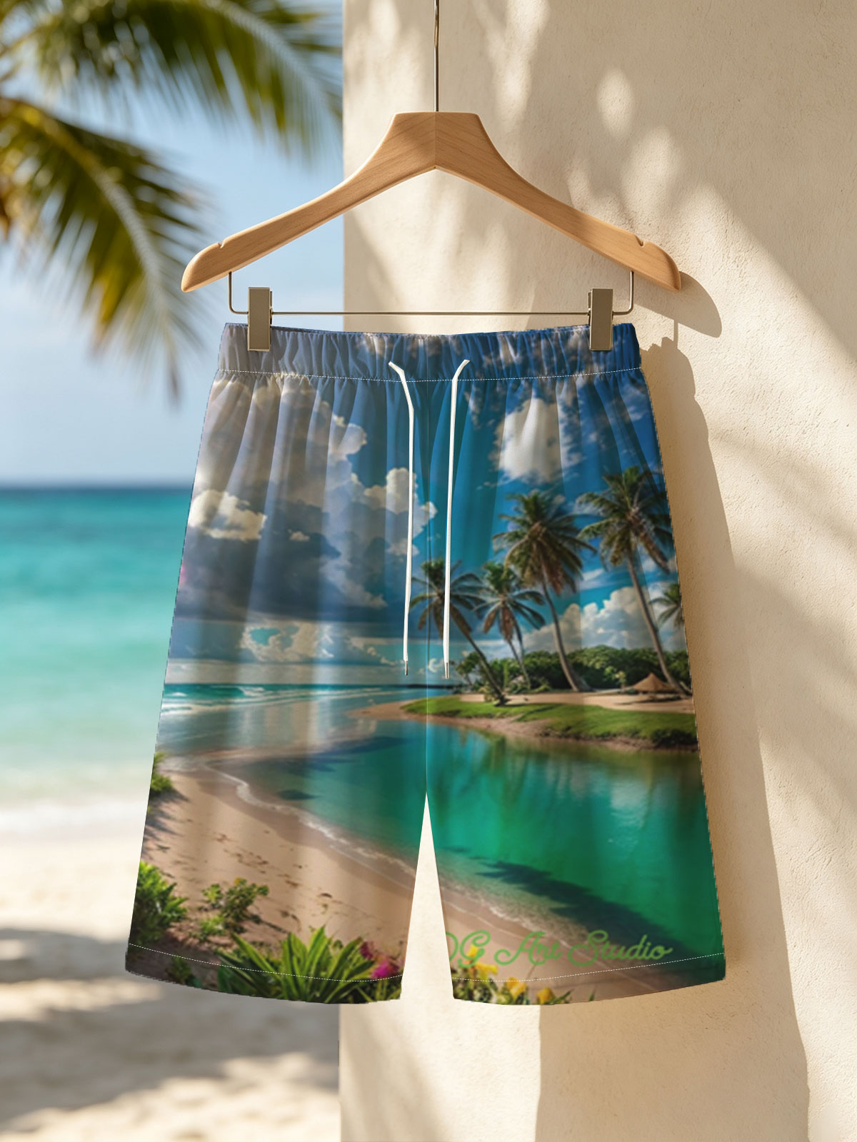 Tropical Beach with Palm Trees and Crystal Clear Water -  Beach shorts
