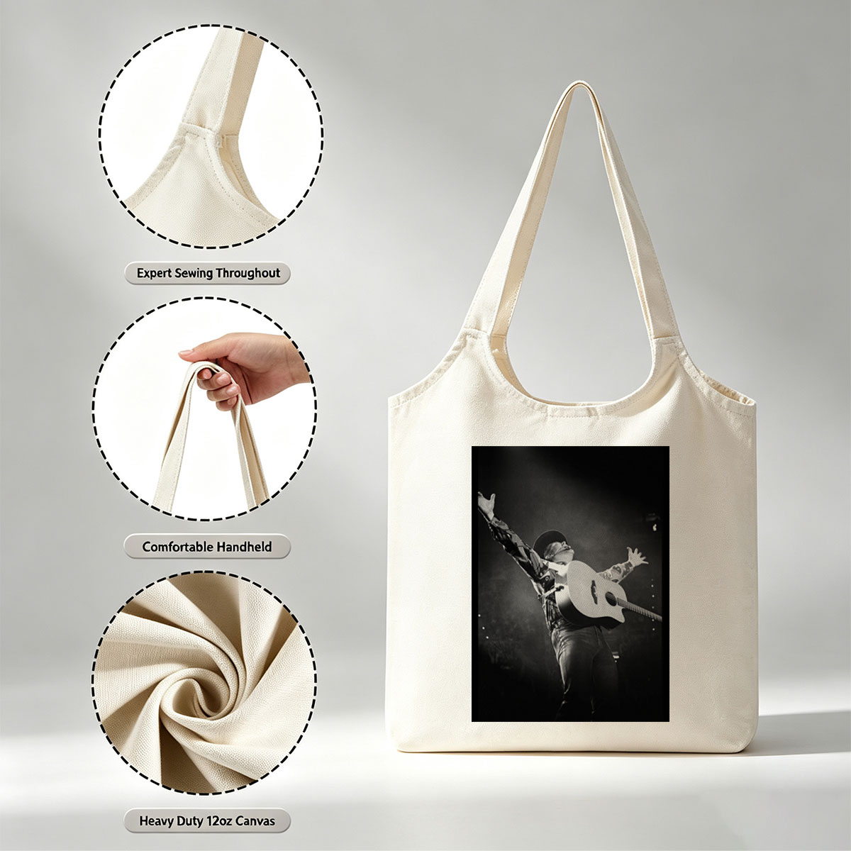 Johnny Cash Performing on Stage with Acoustic Guitar and Arms Raised - Canvas shoulder bags/