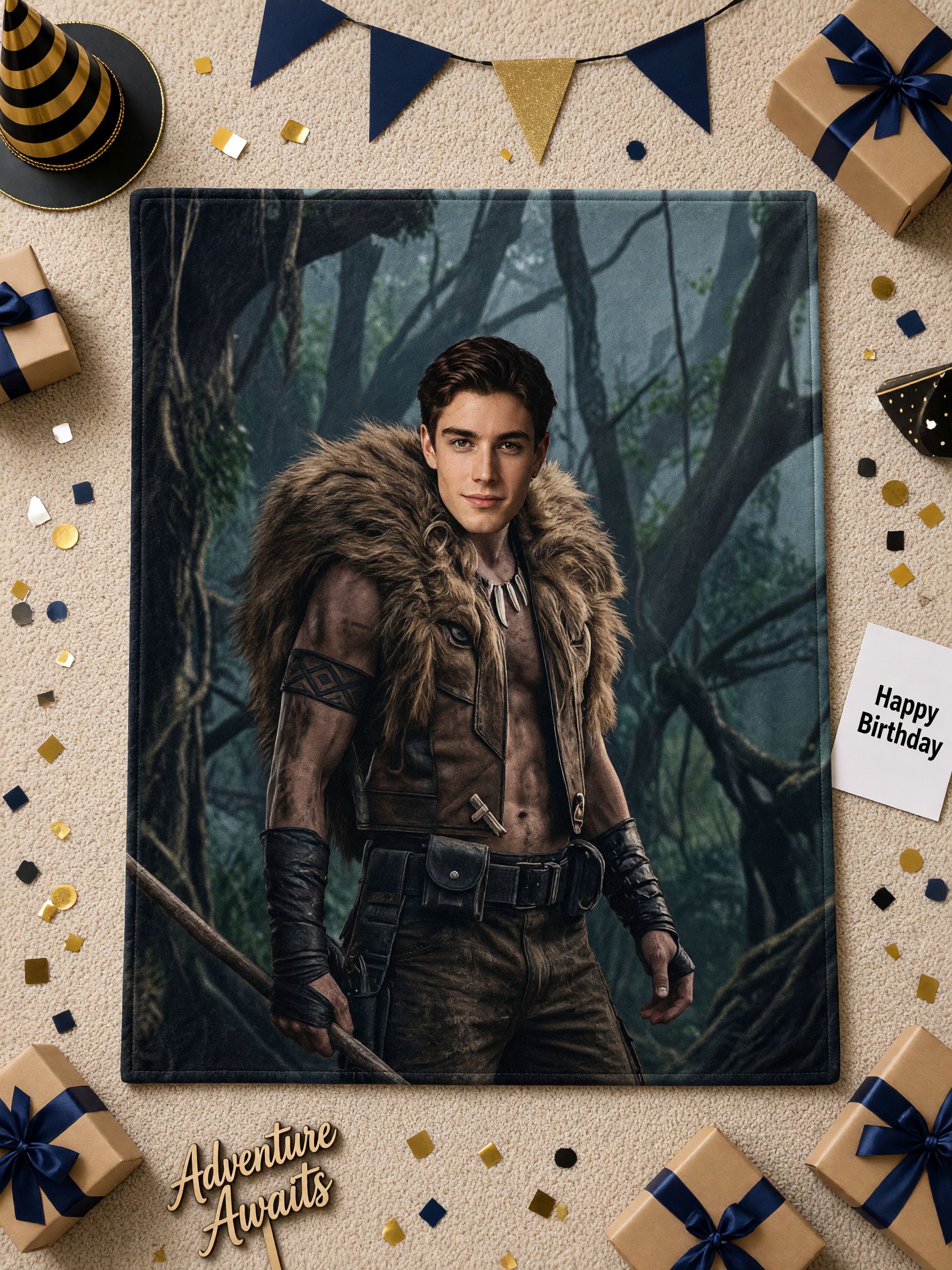 Custom Face Photo Flannel Blanket Personalized Warrior Jungle Fantasy Soft Plush Throw Blanket for Home and Gifts
