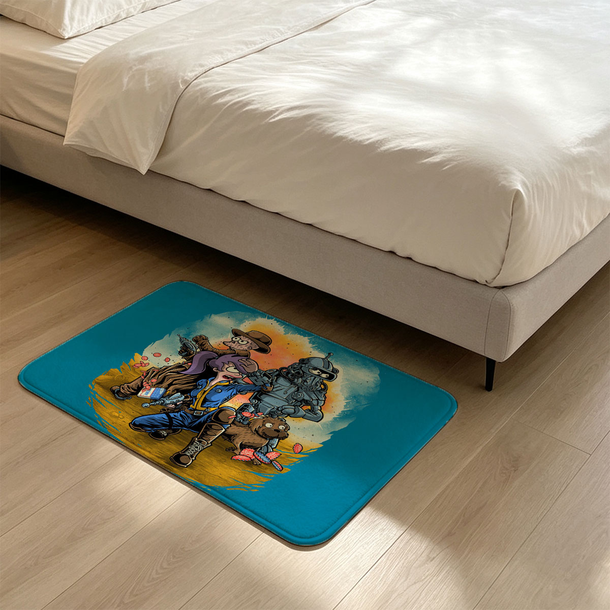 Futurama Characters: Fry, Leela, Bender, and Scruffy in a Dynamic Scene - Flannel floor mat