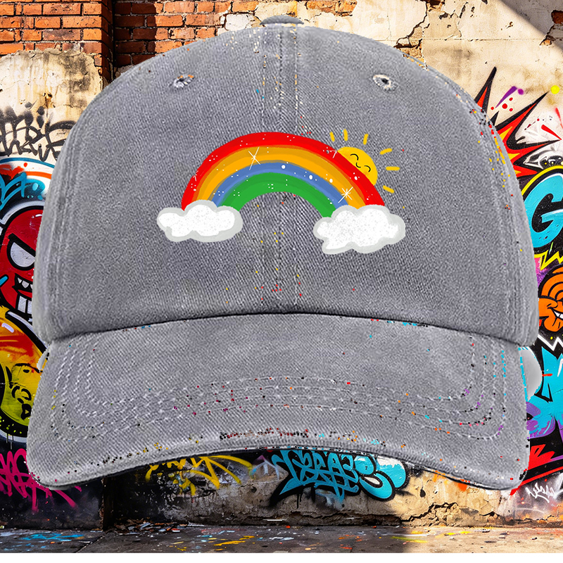 Men's Rainbow Print Washed Cotton Cap with Sunny Cloud Design Lightweight Casual Round Brim Summer Hat for Outdoor Activities and Daily Wear Adults Unisex Streetwear Fashion Accessory