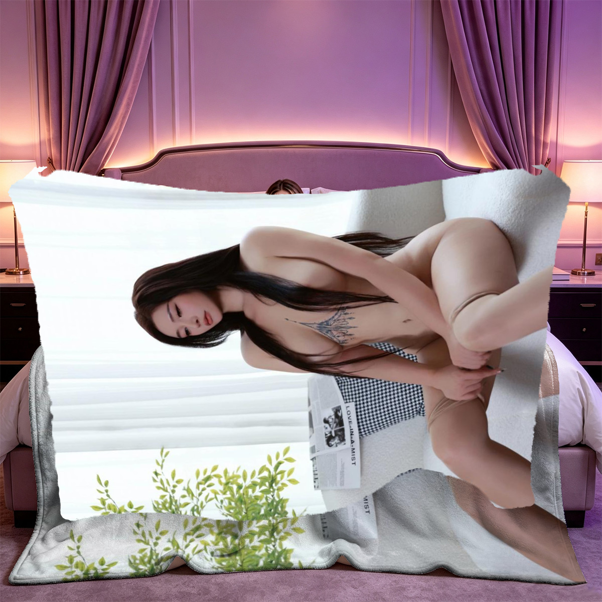Nude brunette in black thong posing by window. - Blanket