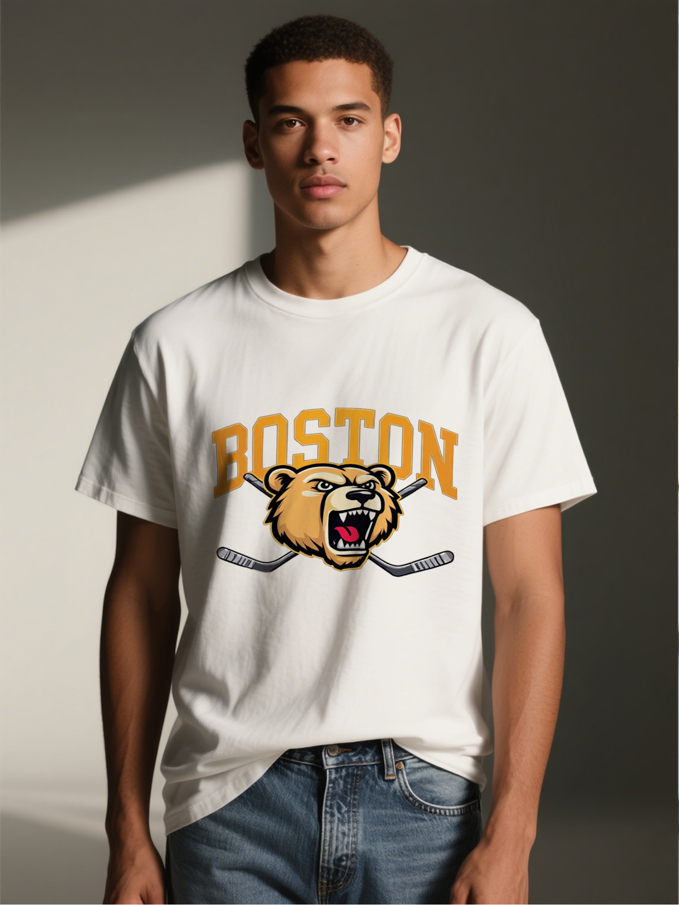 Men's Boston Bear Head Hockey Stick Print T-Shirt Casual Round Neck Summer Lightweight Breathable Short Sleeve Tee for Sports Fans and Outdoor Activities