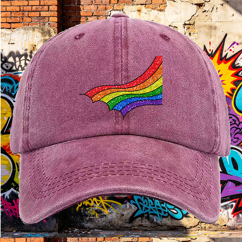Men's Rainbow Glitter Print Washed Cap Casual Round Brim Summer Lightweight Hat for Outdoor Activities and Streetwear Fashion Adults