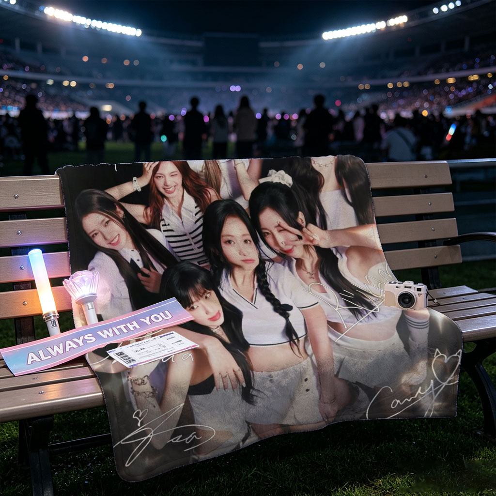 BABYMONSTER Group Photo with Members in Coordinated Outfits and Signatures on a Sparkling Background - Blankets