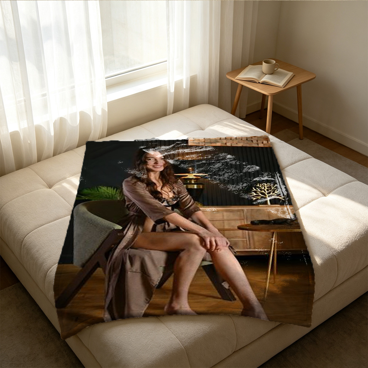 Emily Ratajkowski in black chain dress smiling on purple couch - Blanket