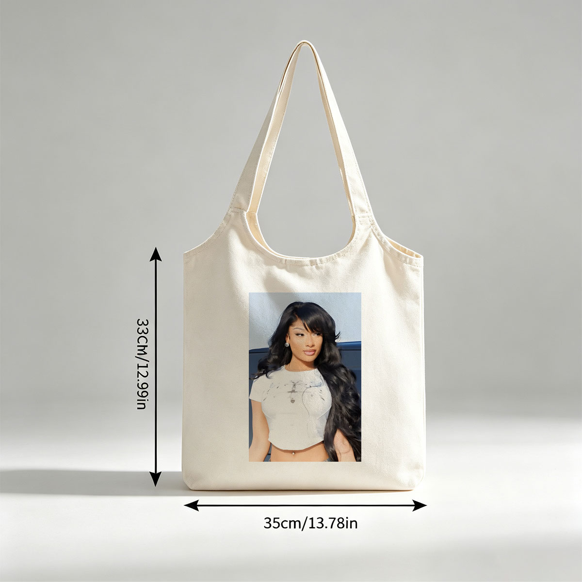Nicki Minaj in a Stylish White Crop Top with Long Black Hair and Bold Makeup - Canvas shoulder bags/