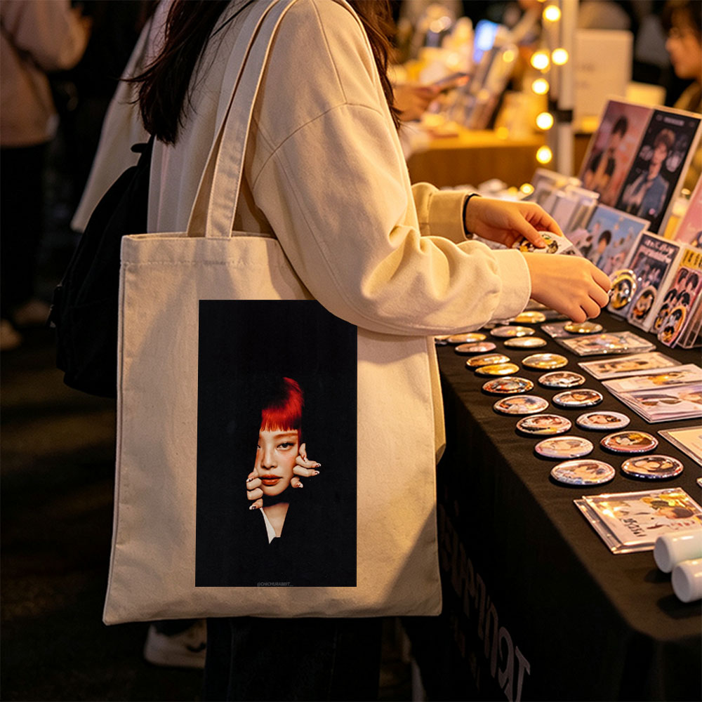 Rihanna in Dramatic Portrait with Red Hair and Bold Makeup - Canvas tote bags