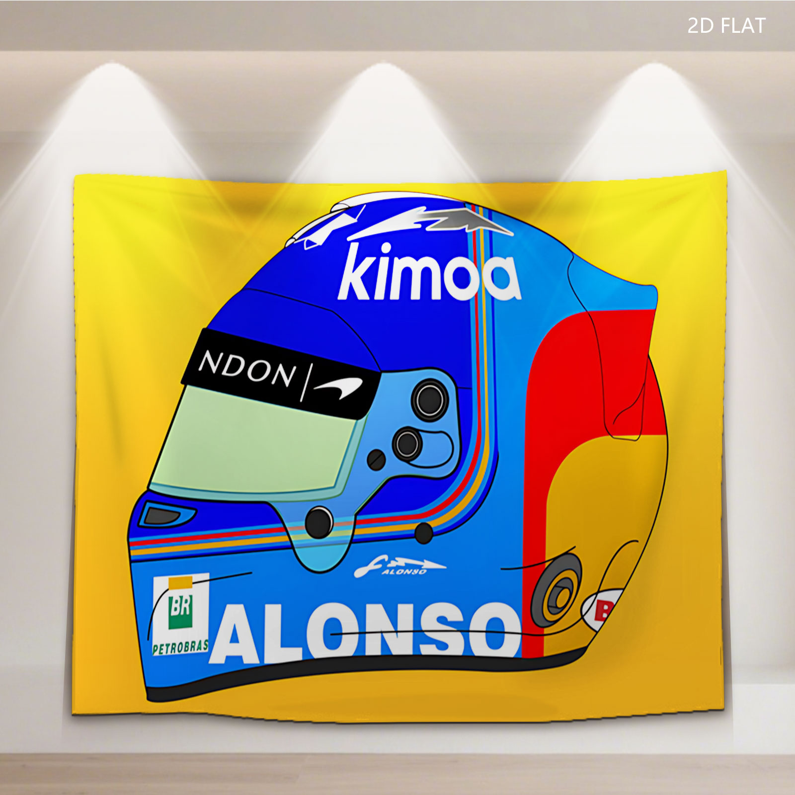 Fernando Alonso Racing Helmet Design Featuring Kimoa and Petrobras Logos - Tapestry