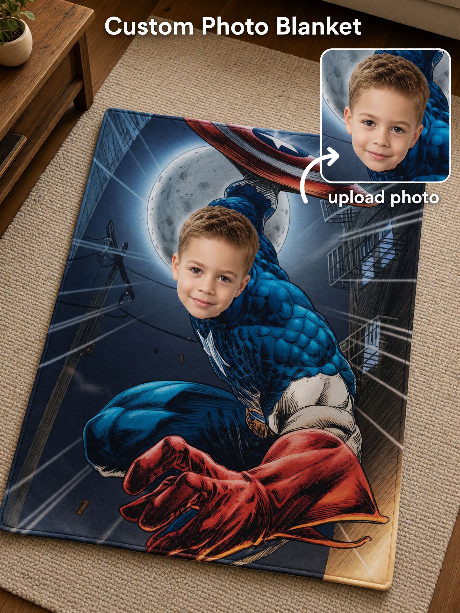 Custom Face Superhero Flannel Blanket, Personalized Comic Hero Plush Throw, Cozy Bed and Couch Gift for Kids