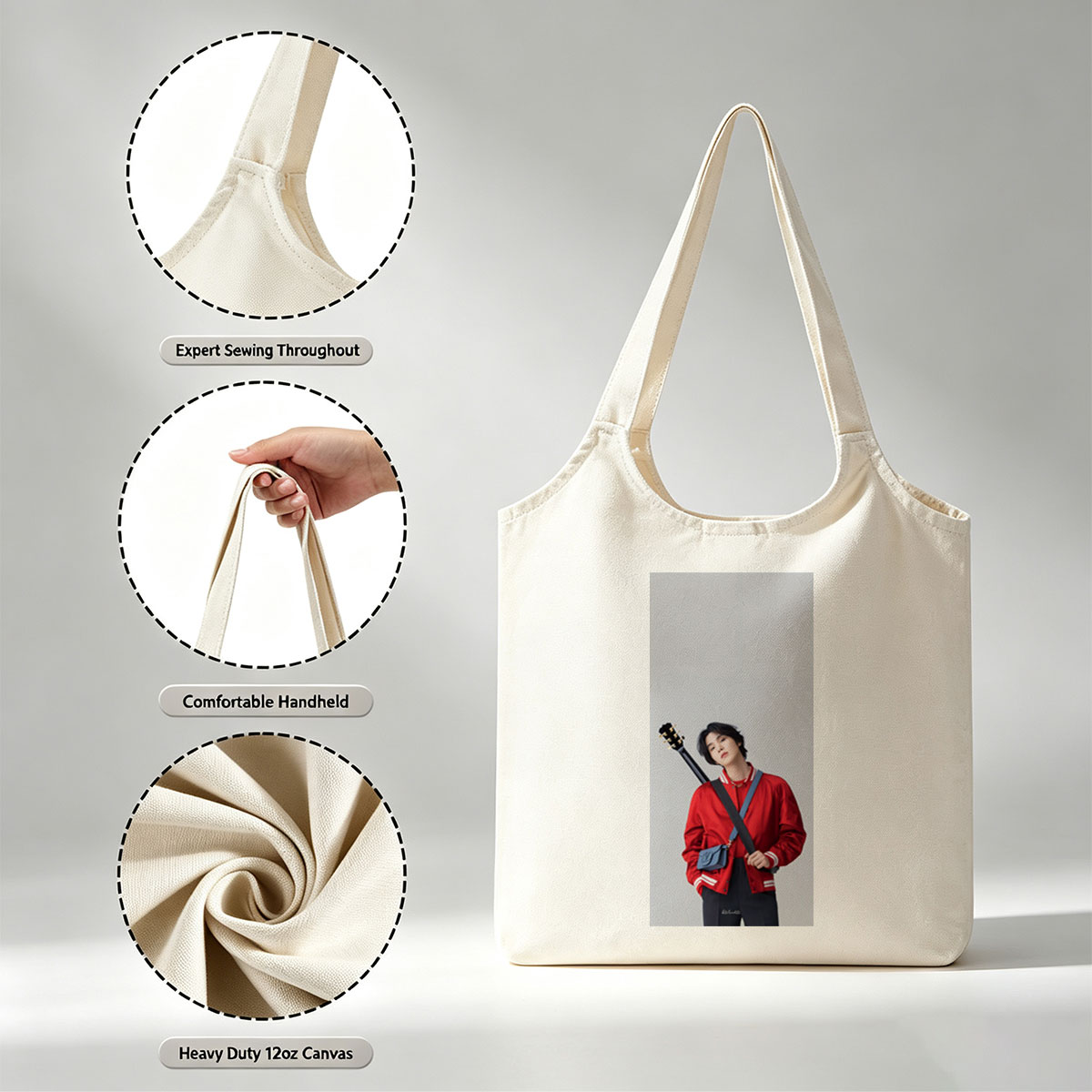 Jungkook with Guitar in Red Jacket and Blue Bag, Standing Against Gray Background - Canvas shoulder bags/