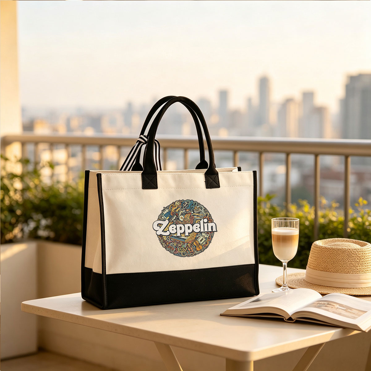 Led Zeppelin: Iconic Rock Band with Musical Instruments and Symbols - Canvas patchwork gift tote bag