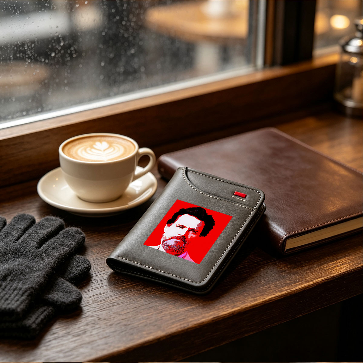 Portrait of a bearded man with intense gaze against red background - Vertical Style Wallet