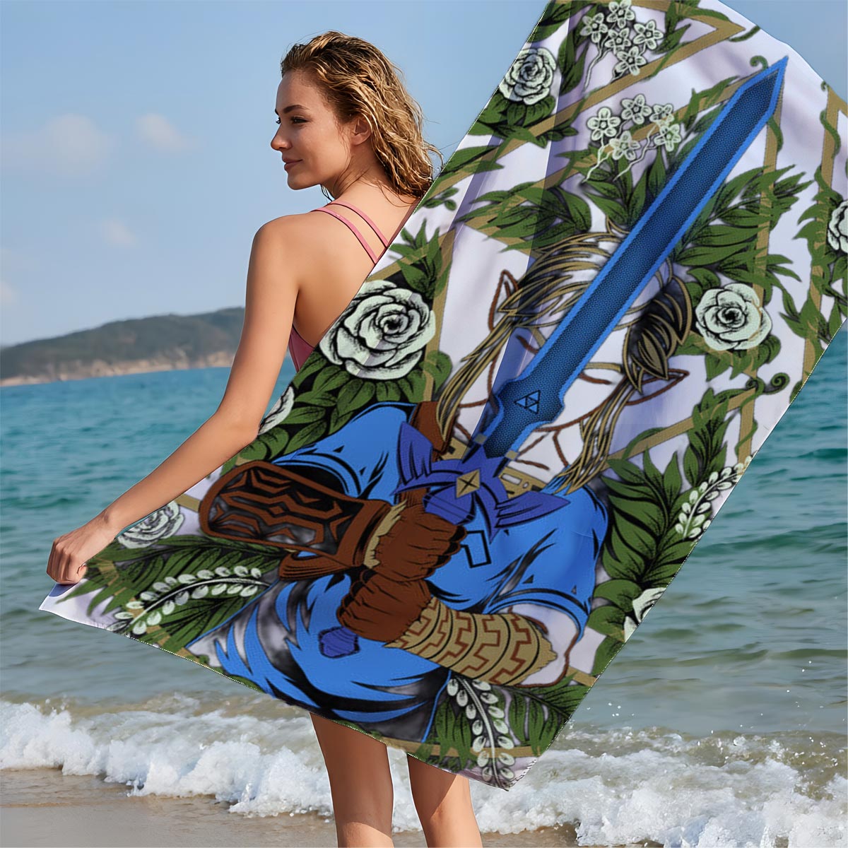 Link from The Legend of Zelda holding Master Sword, surrounded by floral wreath and geometric design - Beach towels