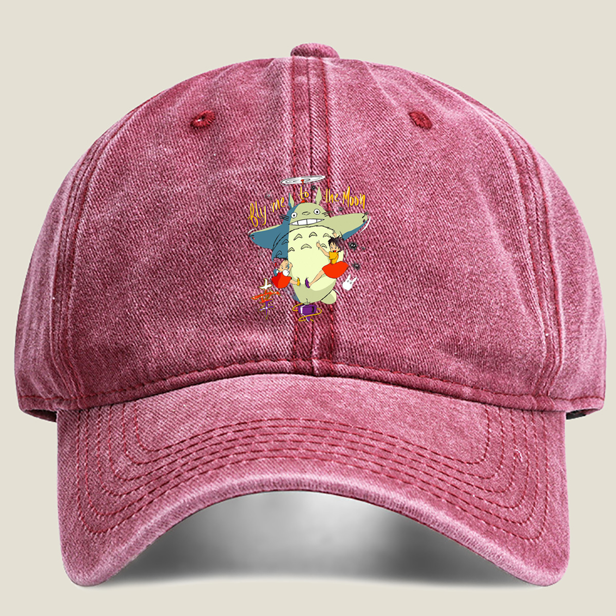 Totoro, Mei, and Satsuki Flying to the Moon - Washed Denim - Baseball Cap