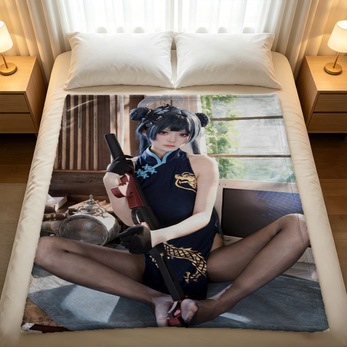 Nude woman on all fours showing her ass and soles on bed. - Blanket