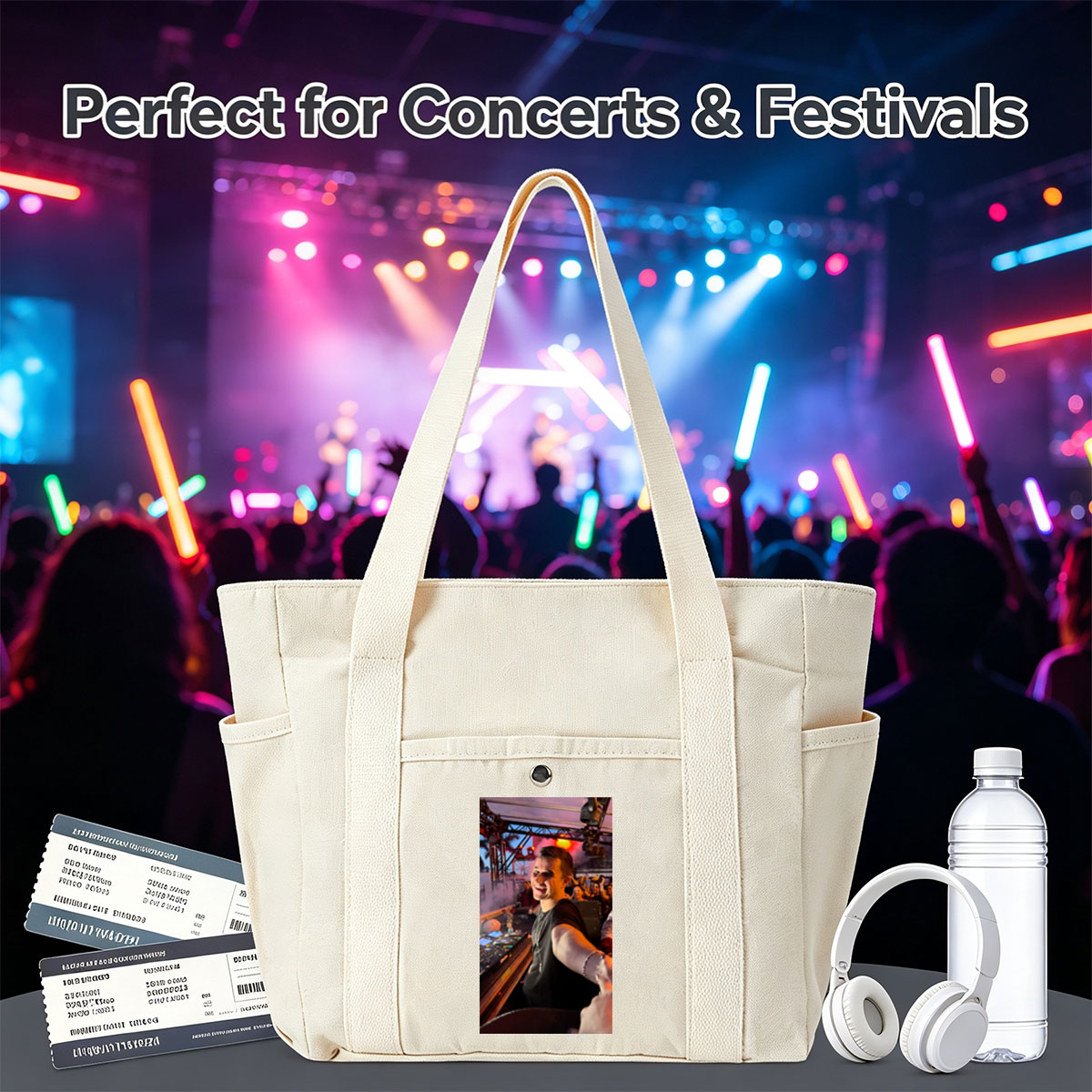 Martin Garrix at a Live DJ Set Performing for an Energetic Crowd Under Colorful Stage Lights - Multi-pocket bags