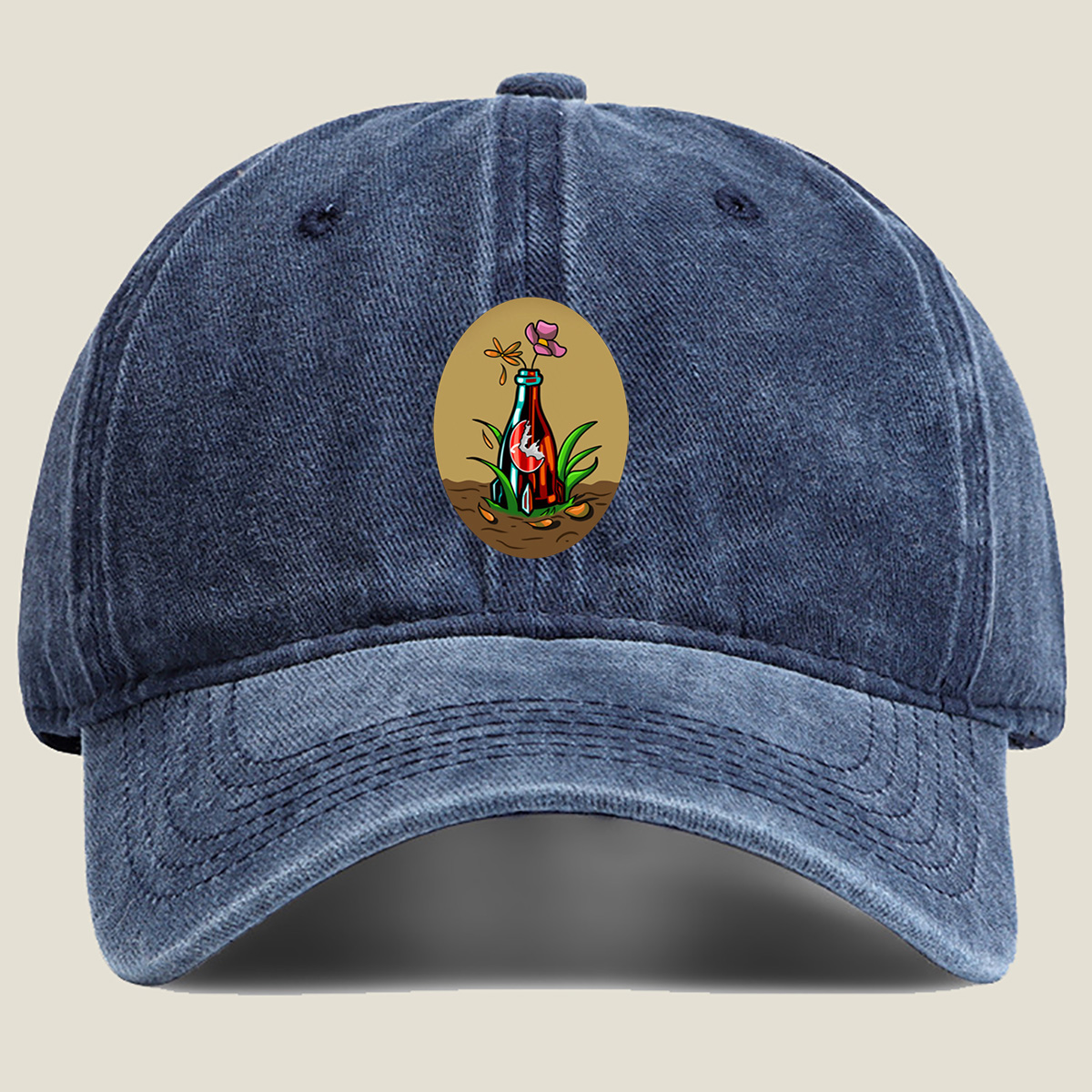 Bottle Garden with Flower and Dragonfly - Washed Denim - Baseball Cap