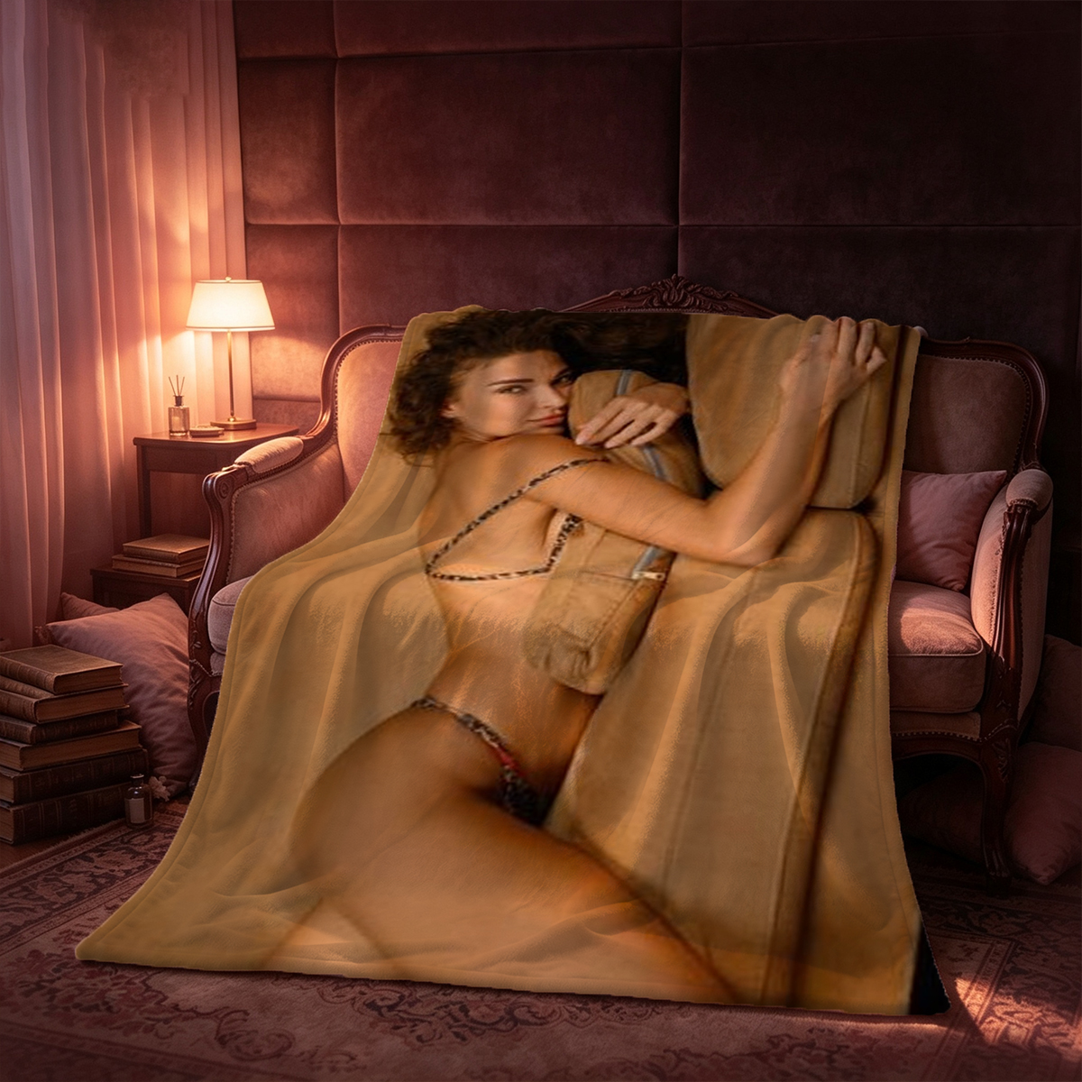 Elegant Asian beauty in black pearl lingerie posing by white lace curtains. - Blanket