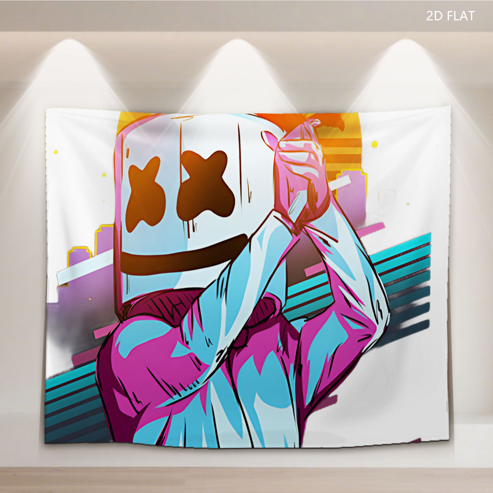 Marshmello in a vibrant neon outfit against a sunset cityscape, holding a phone to his head. - Tapestry