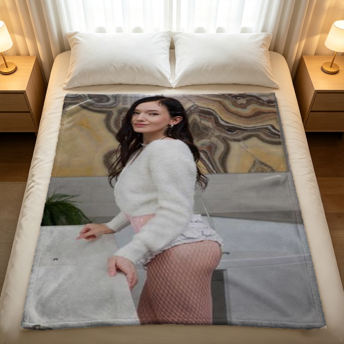 Dakota Johnson in a sheer brown robe sitting barefoot in a modern living room - FEMJOY - Blanket