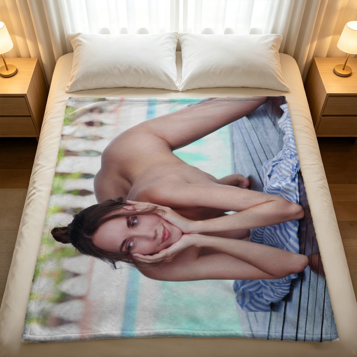 A woman with long black braided hair in a black micro bikini, posing in a bathtub. - Blanket