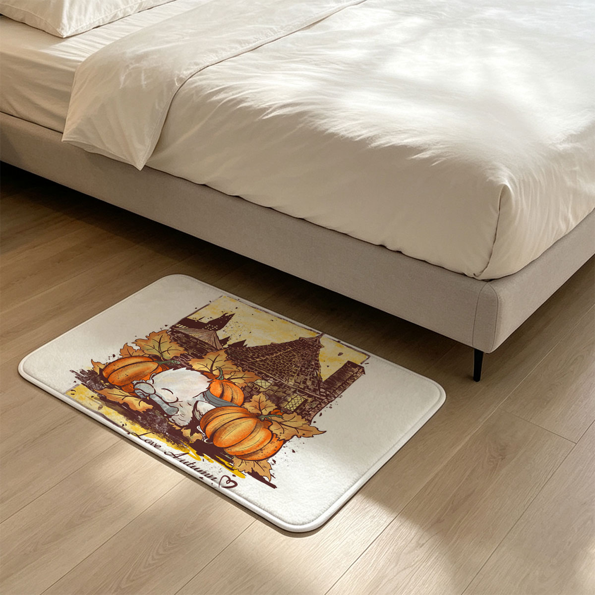 Cute Owl Sleeping Among Pumpkins and Autumn Leaves with Castle Background - Love Autumn - Flannel floor mat
