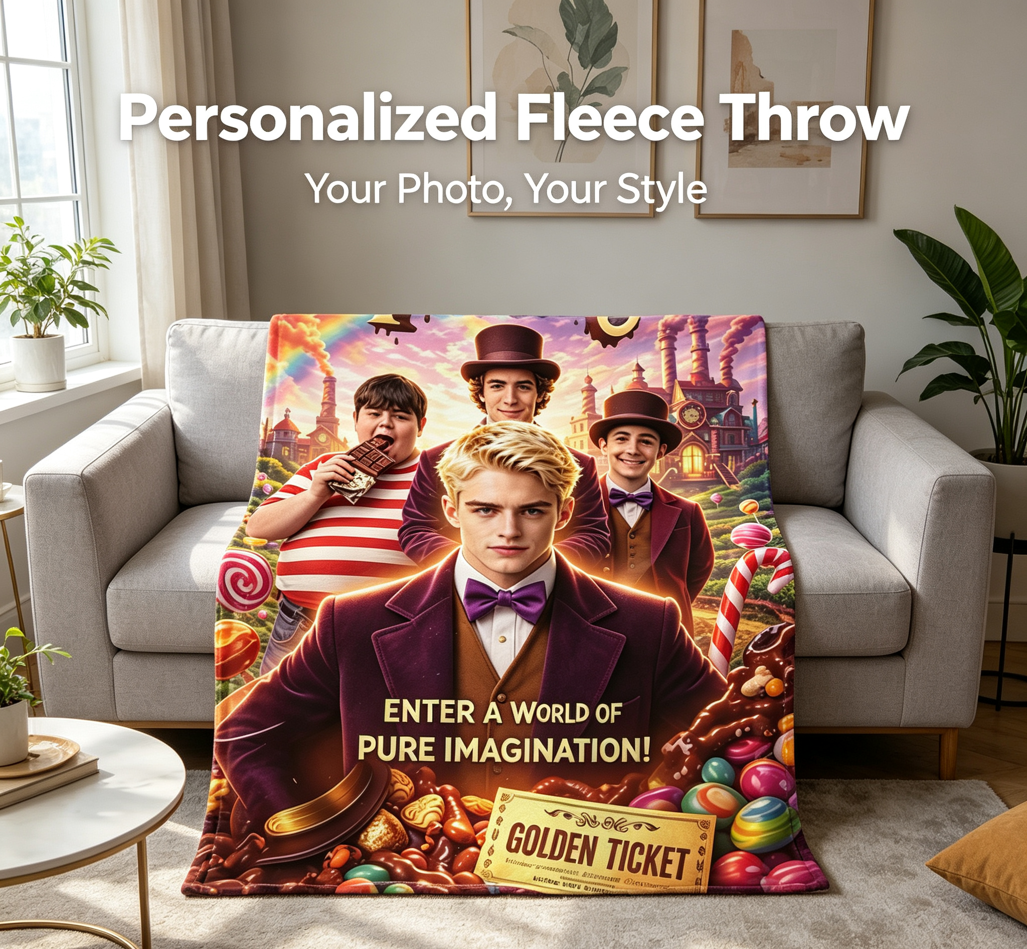 Custom Face Blanket Chocolate Factory Movie Character Flannel Blanket for Kids and Adults – Perfect Gift for Fans of Fantasy Movies and Imaginative Adventures